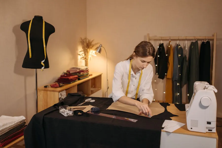 Modista cortando un patrón sobre la mesa del taller
